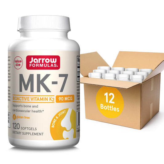 Jarrow Formulas MK-7 softgel bottle shows daily vitamin K2 support in a compact capsule