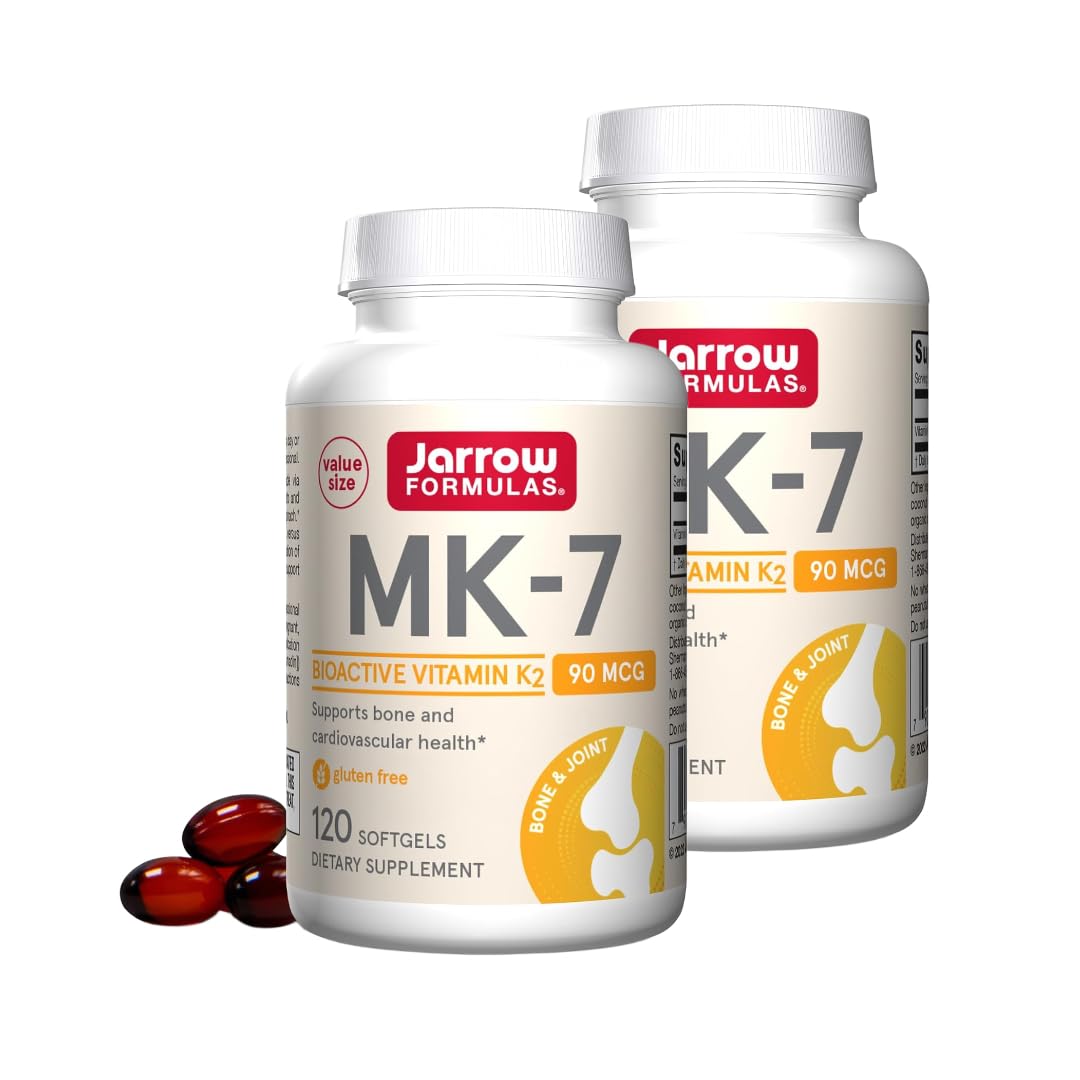 Jarrow Formulas MK-7 softgel bottle on a clean backdrop suggesting bone and cardiovascular support