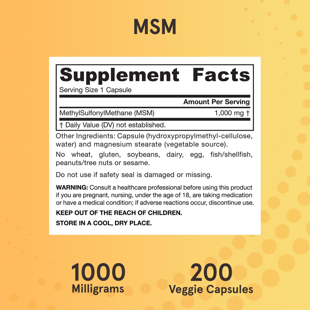 Jarrow Formulas MSM bottle shows daily dosage guidance.