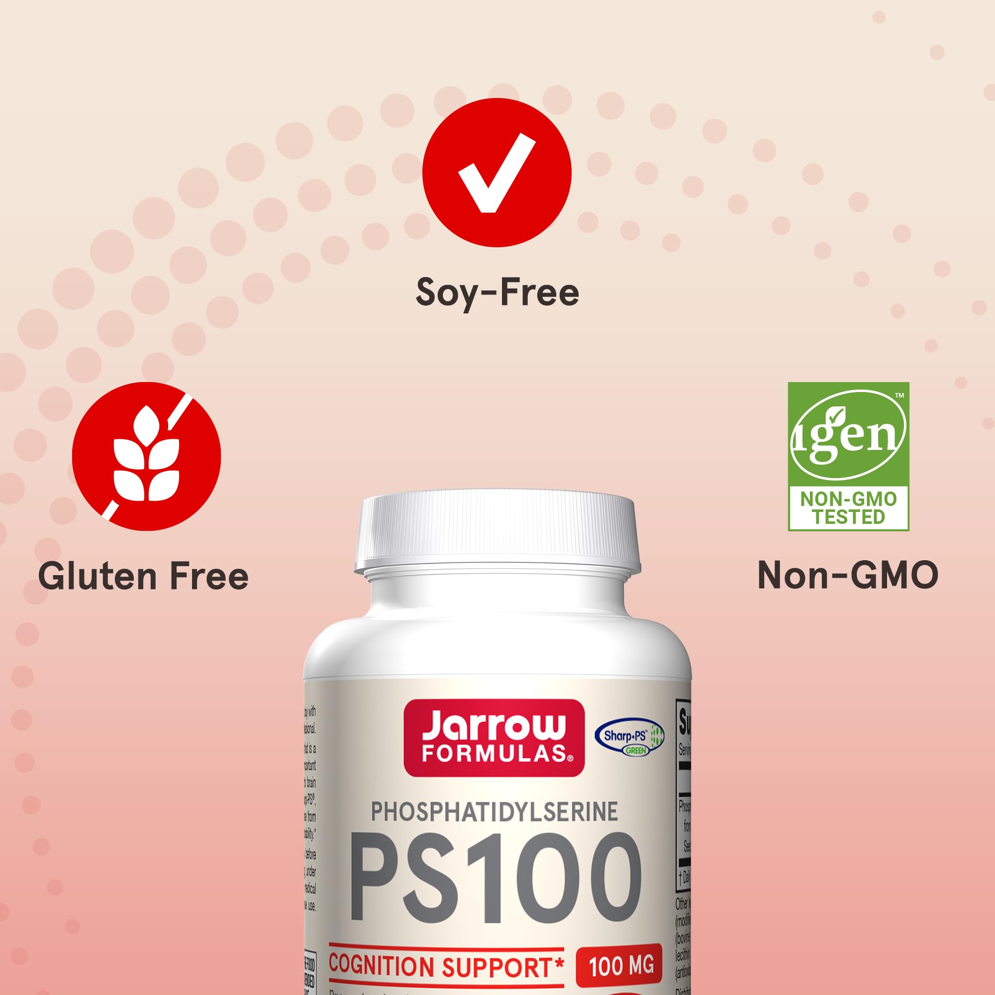 PS100 supplement facts label highlighting gluten-free and non-GMO attributes