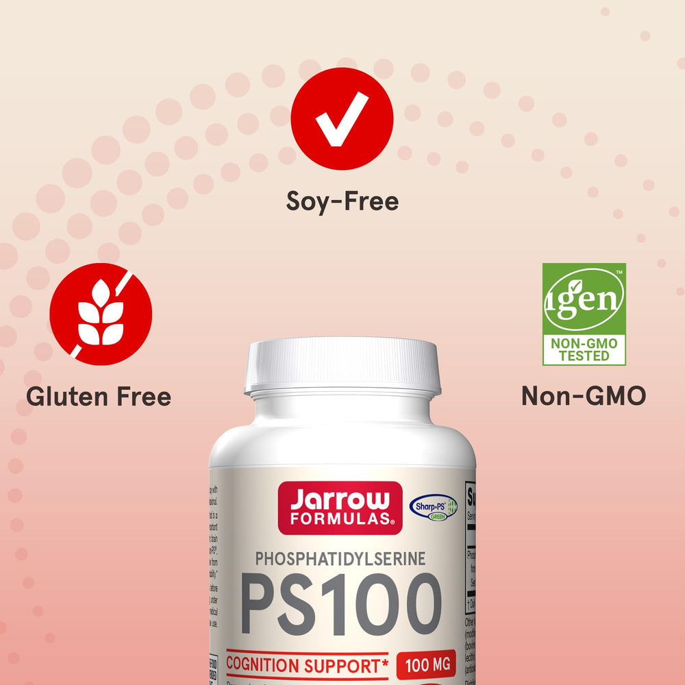 PS100 supplement facts label highlighting gluten-free and non-GMO attributes