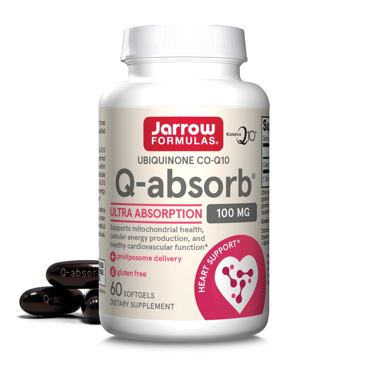 Jarrow Formulas Q-absorb Co-Q10 100 mg softgel bottle for daily energy support.