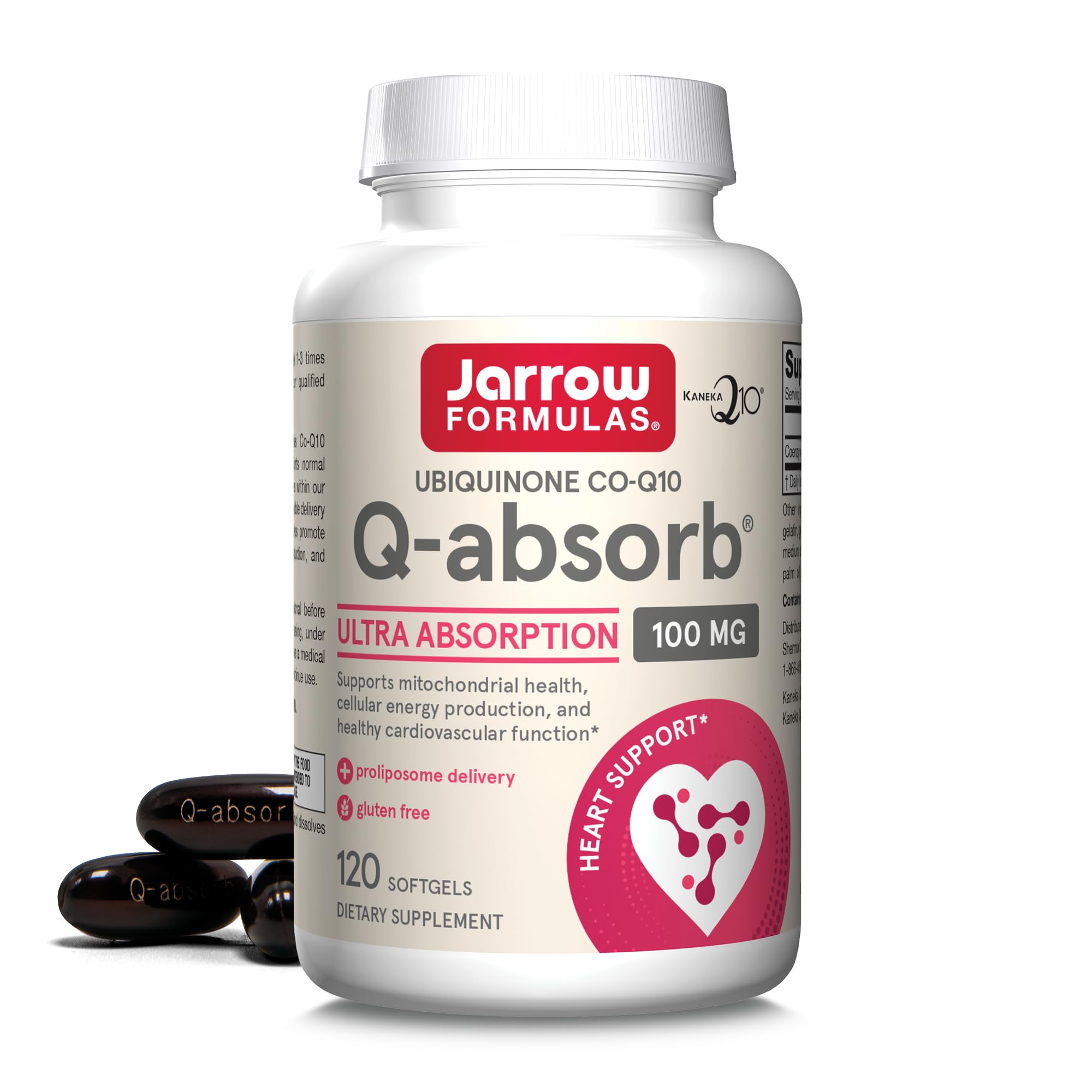 Jarrow Formulas Q-absorb ubiquinone Co-Q10 bottle for daily antioxidant support.