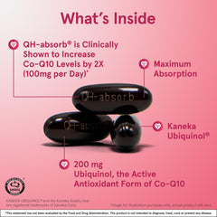 Jarrow Formulas QH-Absorb softgels closeup showcasing ubiquinol form benefits.