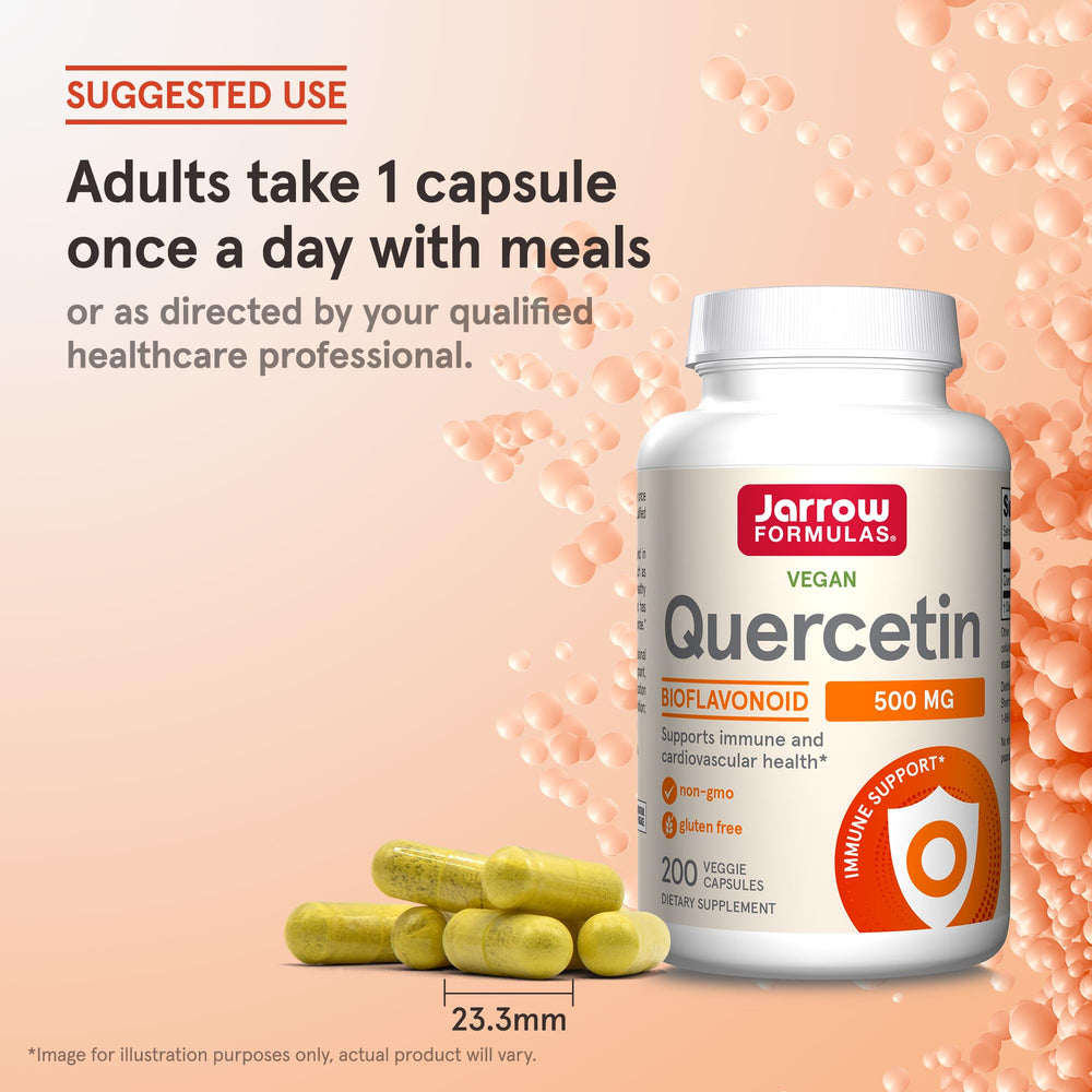 Quercetin capsules on a spoon illustrating daily intake.