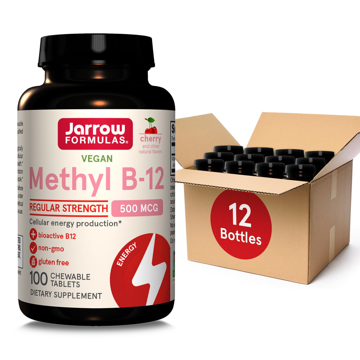 Jarrow Formulas Regular Strength Methyl B-12 bottle front for daily energy support.