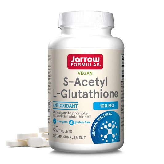 Jarrow Formulas S-Acetyl L-Glutathione bottle shows enhanced stability for antioxidant support.