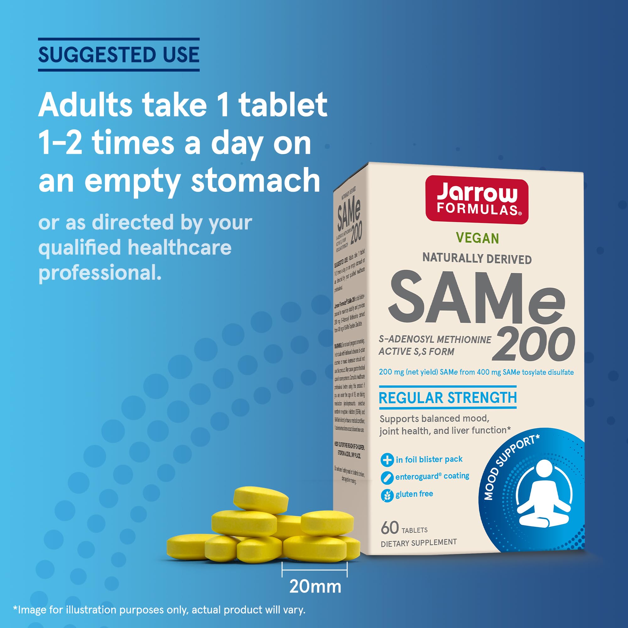 Dosage label close-up on Jarrow Formulas SAMe 200 mg bottle