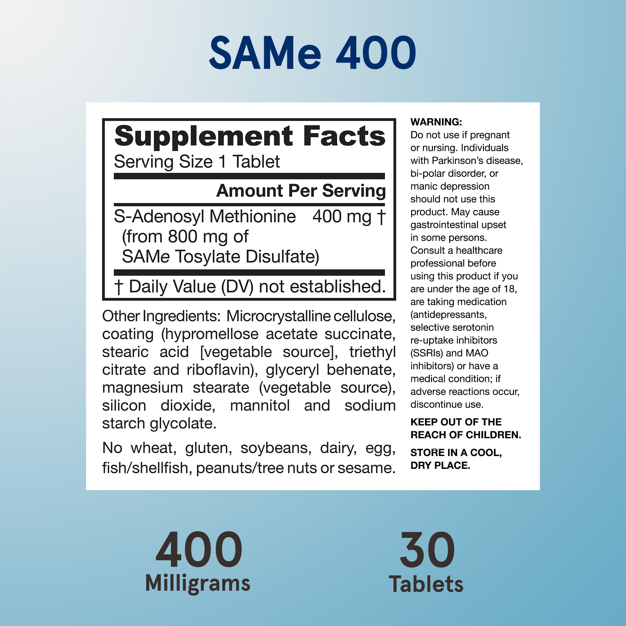 Jarrow Formulas SAMe 400mg 30-day supply pack for ongoing use.