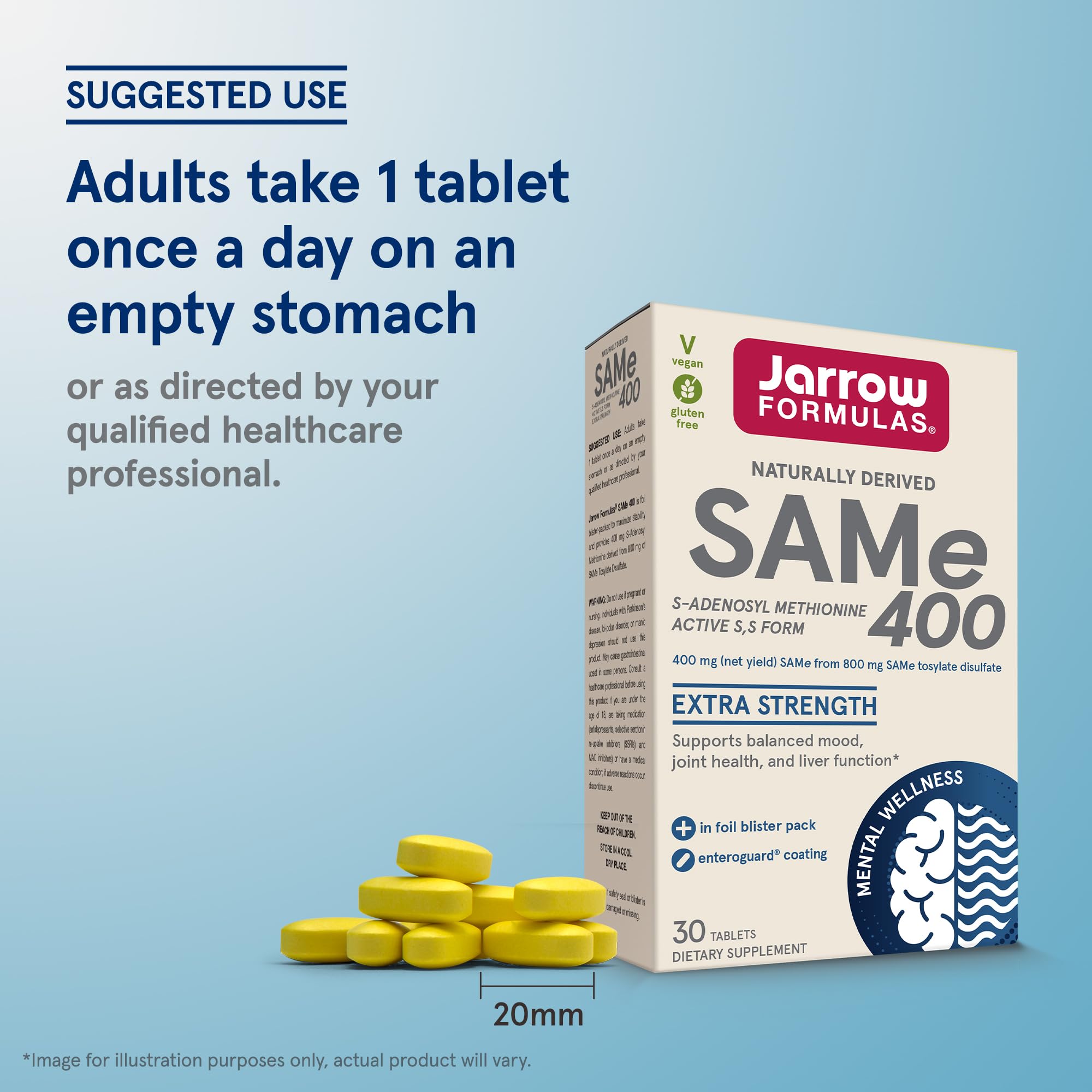 Jarrow Formulas SAMe 400mg allergen-free icons including gluten-free and dairy-free claims.