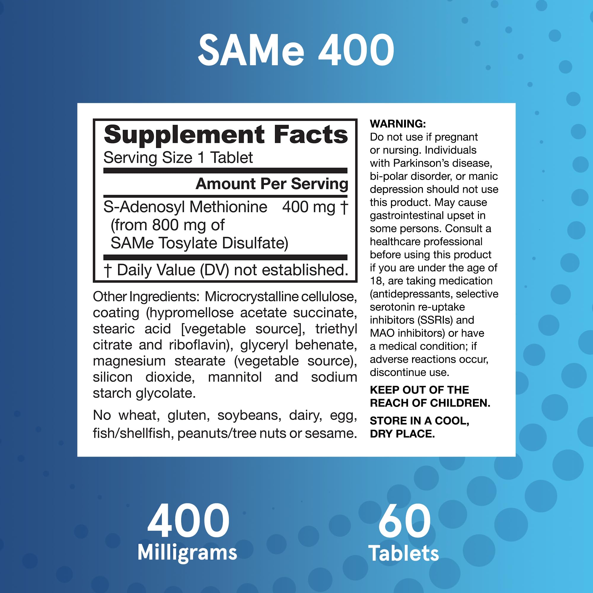 Jarrow Formulas SAMe enteric-coated tablets on white background.