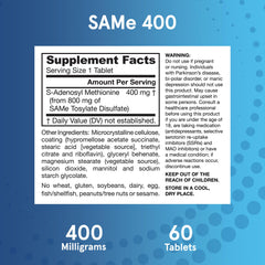Jarrow Formulas SAMe enteric-coated tablets on white background.