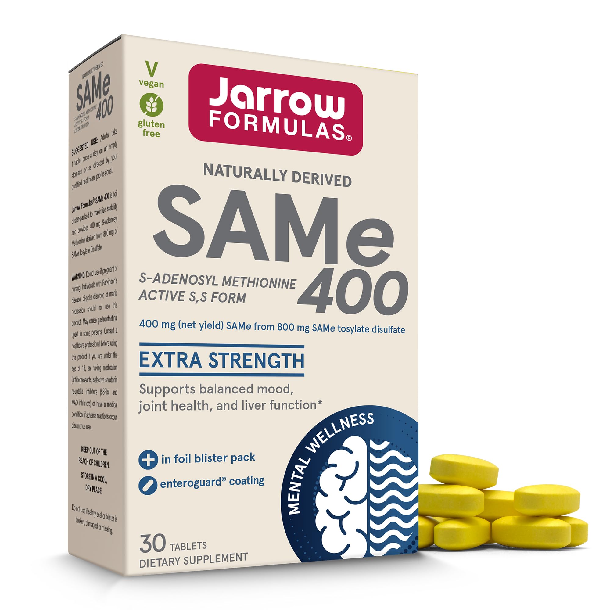 Jarrow Formulas SAMe 400mg bottle displaying high-potency tablets for daily use and joint support.