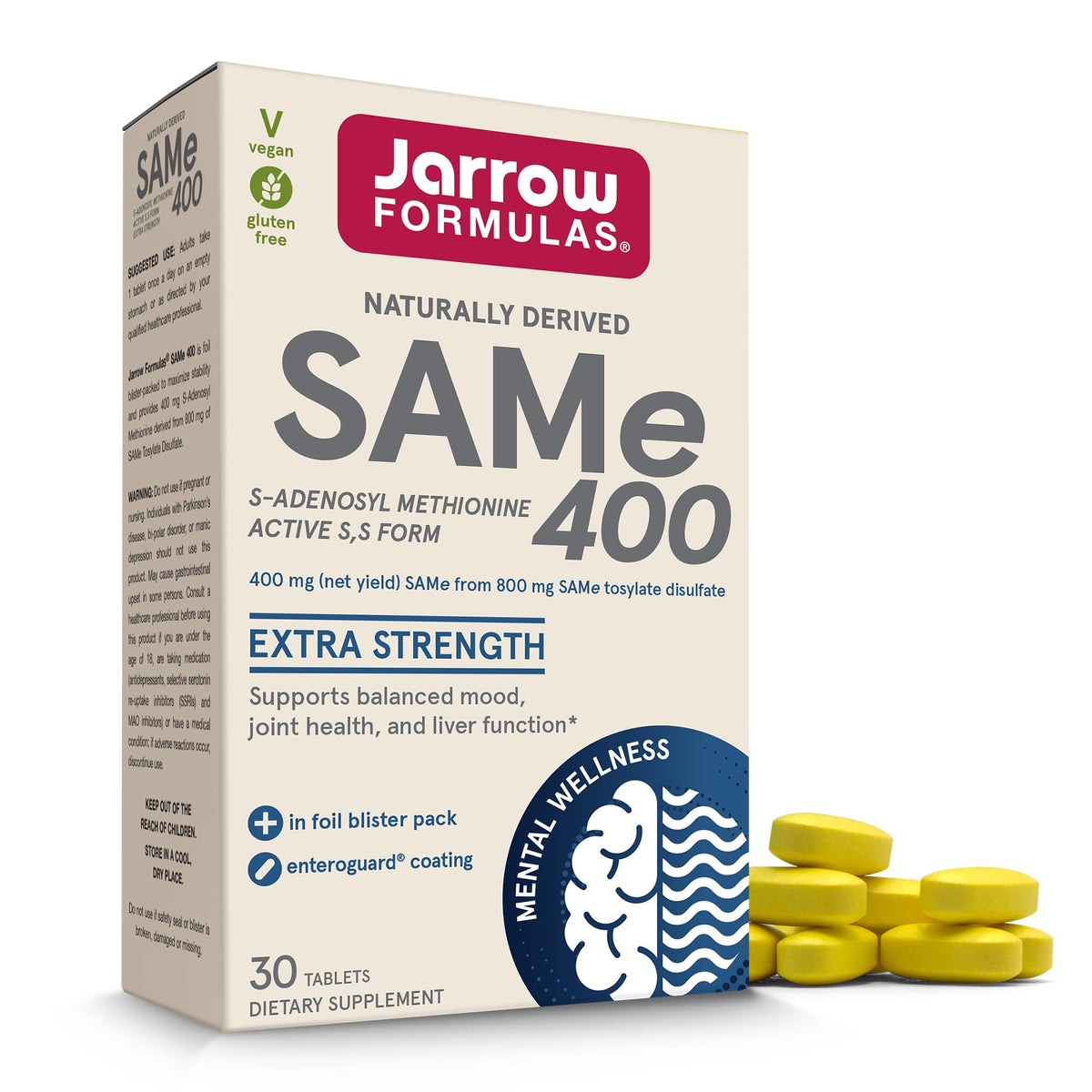 Jarrow Formulas SAMe 400mg bottle displaying high-potency tablets for daily use and joint support.