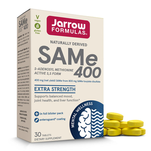 Jarrow Formulas SAMe 400mg bottle displaying high-potency tablets for daily use and joint support.