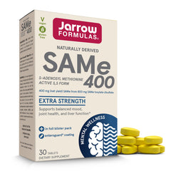 Jarrow Formulas SAMe 400mg bottle displaying high-potency tablets for daily use and joint support.