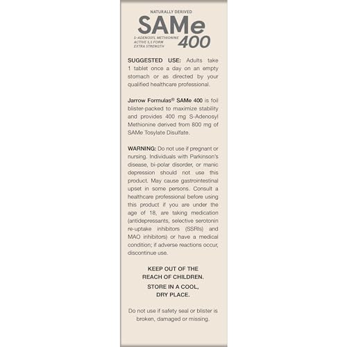 Jarrow Formulas SAMe 400mg bottle showing easy-to-swallow tablet design.