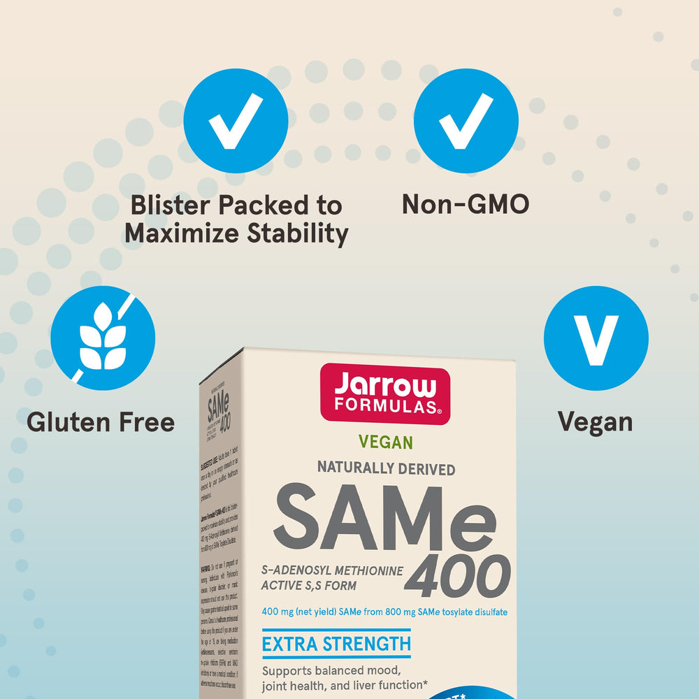 Jarrow Formulas SAMe tablets beside a plant, suggesting natural origin.