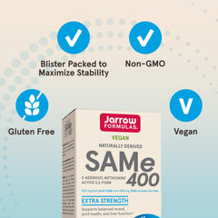Jarrow Formulas SAMe tablets beside a plant, suggesting natural origin.