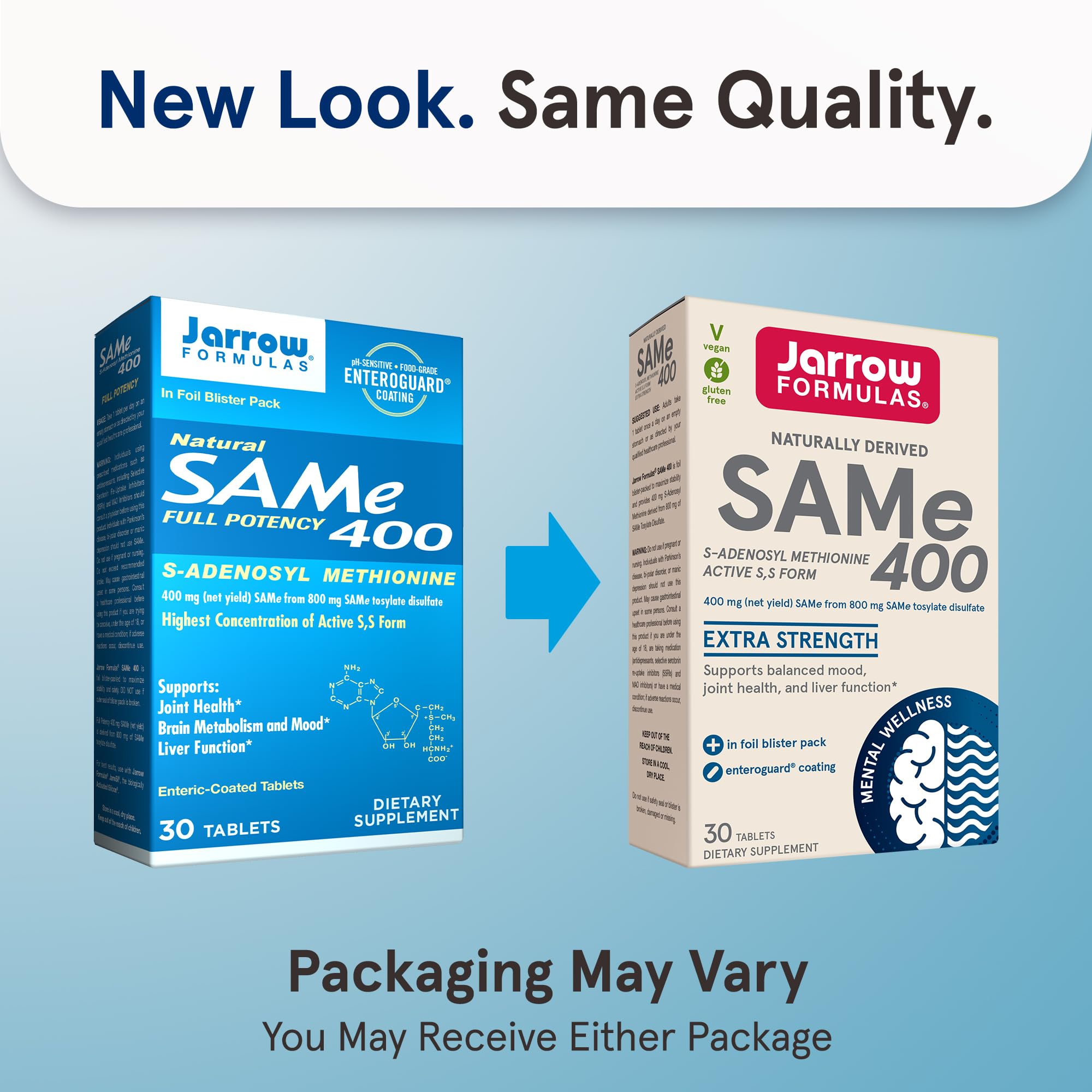 Jarrow Formulas SAMe 400mg label closeup showing product details and ingredients.