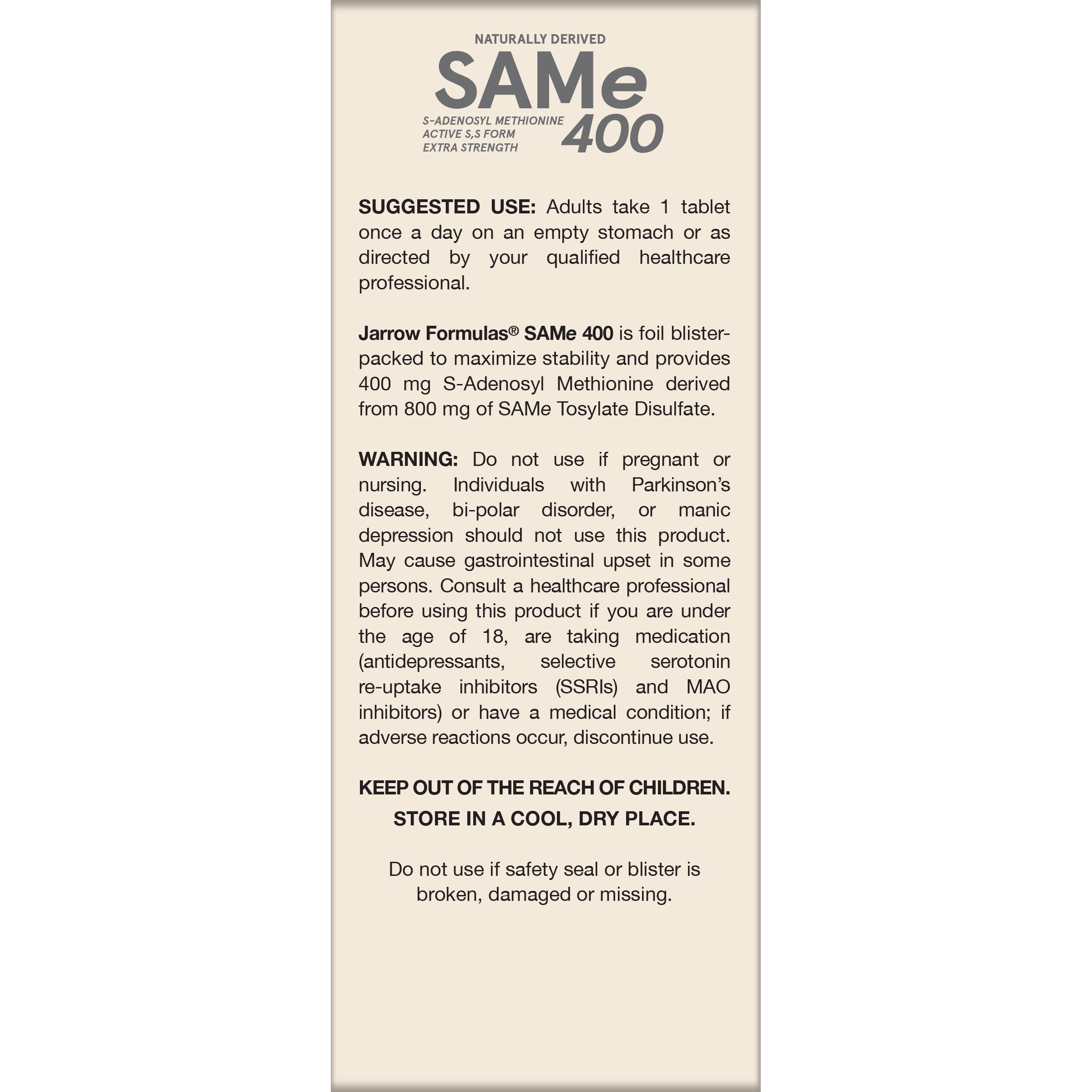 SAMe 400 mg packaging confirms allergen-free profile for sensitive users.