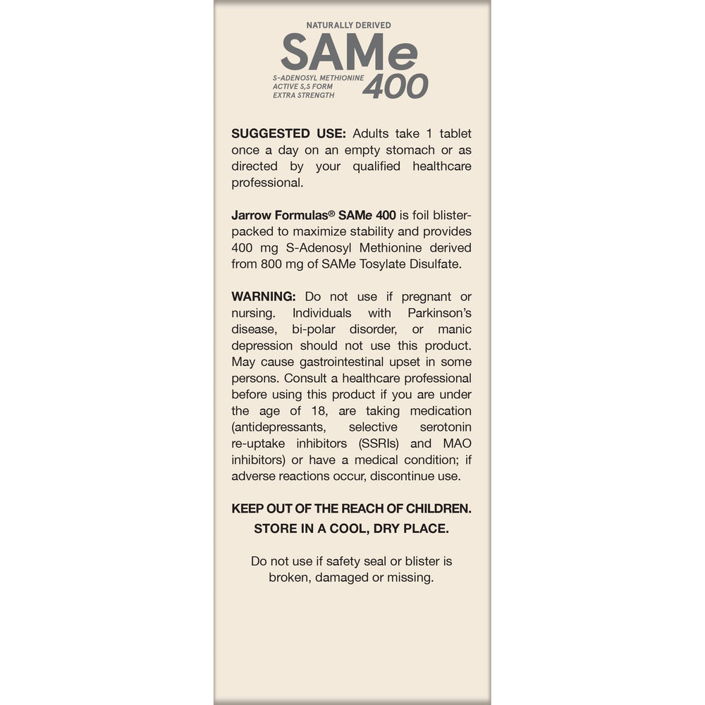 SAMe 400 mg packaging confirms allergen-free profile for sensitive users.