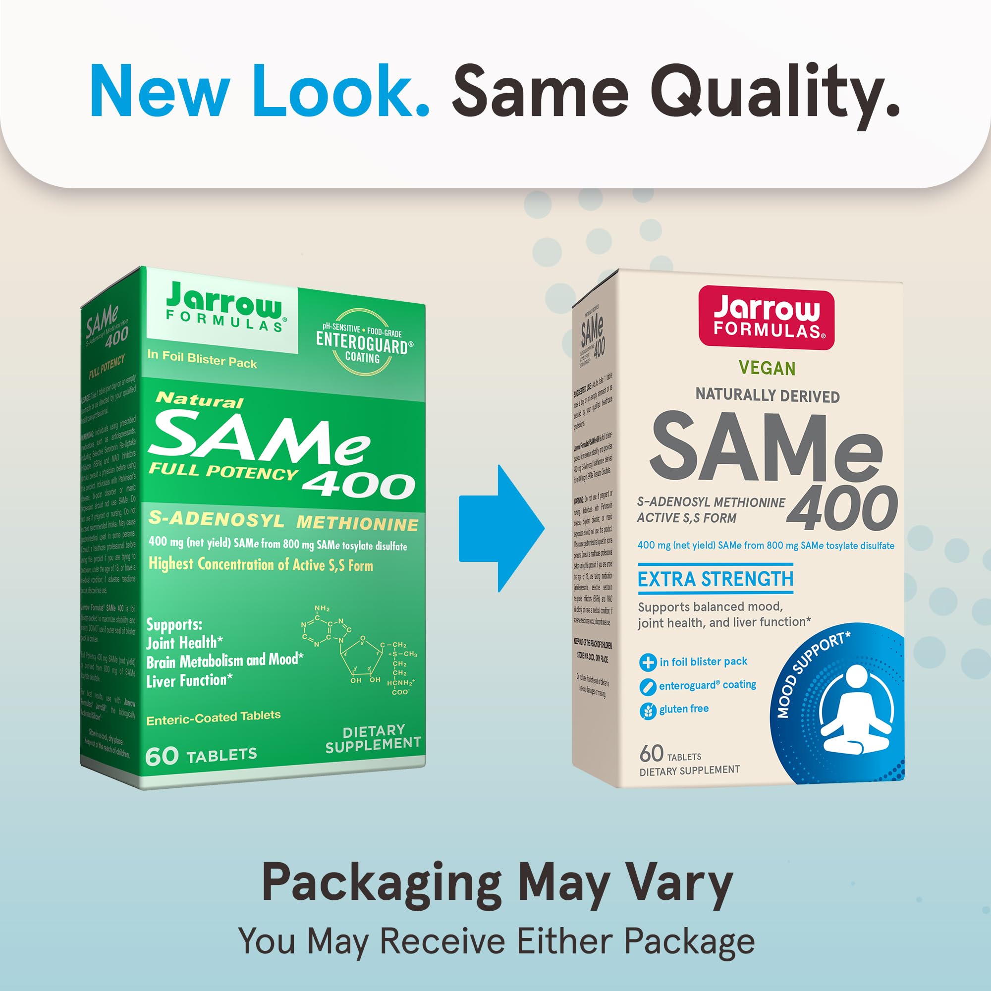 Jarrow SAMe 400 mg tablets in blister pack highlighting liver function possibilities.