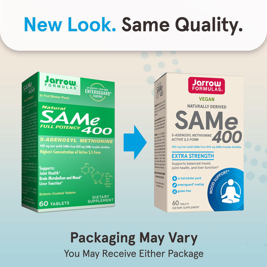 Jarrow SAMe 400 mg tablets in blister pack highlighting liver function possibilities.