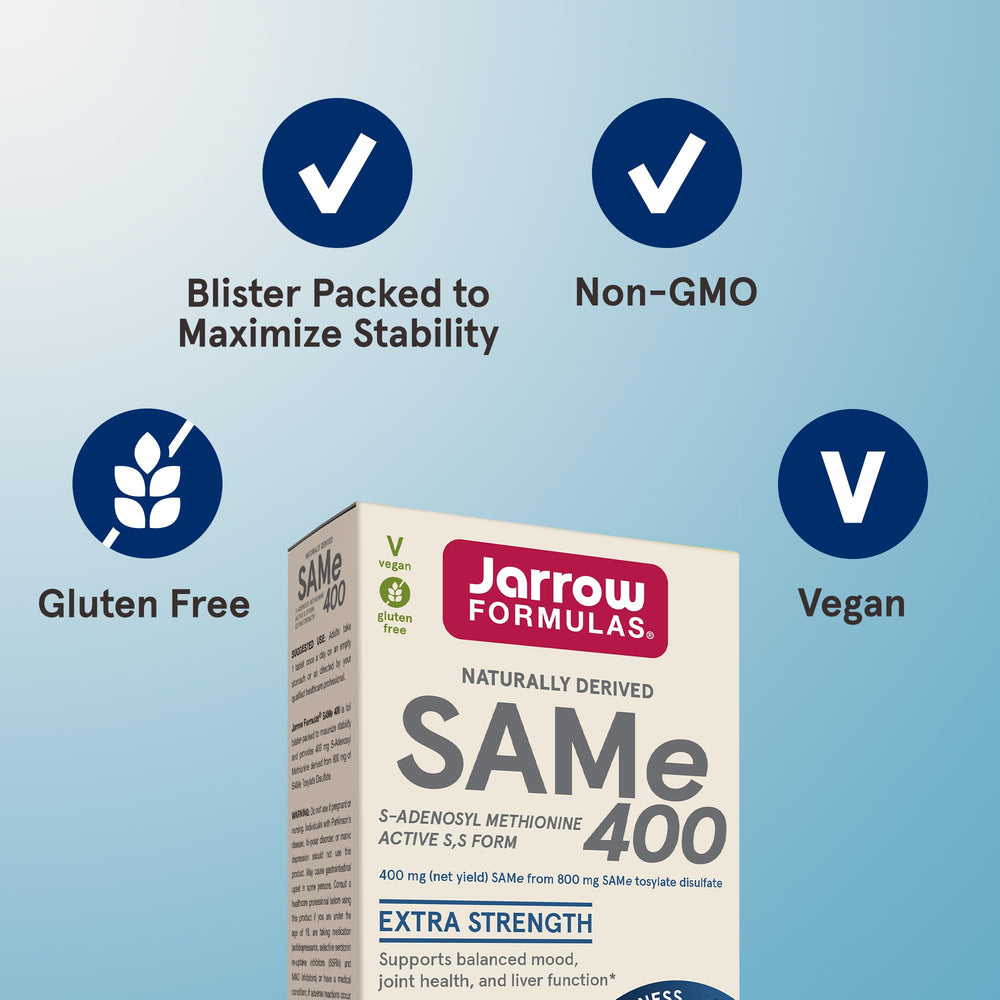 Jarrow Formulas SAMe 400mg vegan formula icon signaling allergy-friendly option.