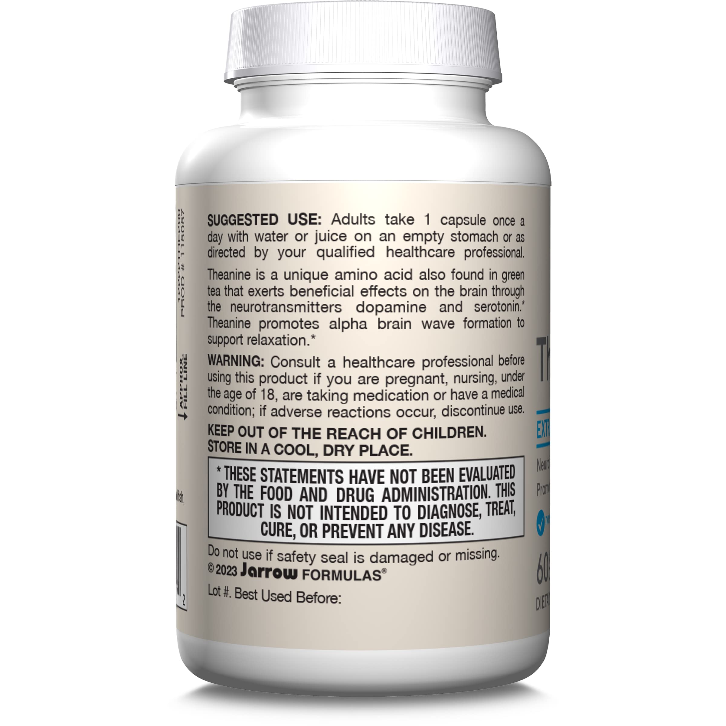 Jarrow Formulas Theanine 200 mg quality seal highlights manufacturing standards