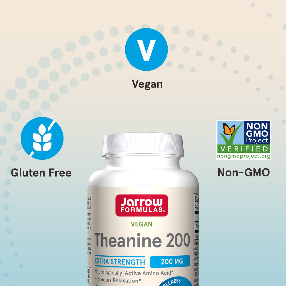 Jarrow Formulas Theanine 200 mg vegan gluten-free symbol indicates suitability for many diets