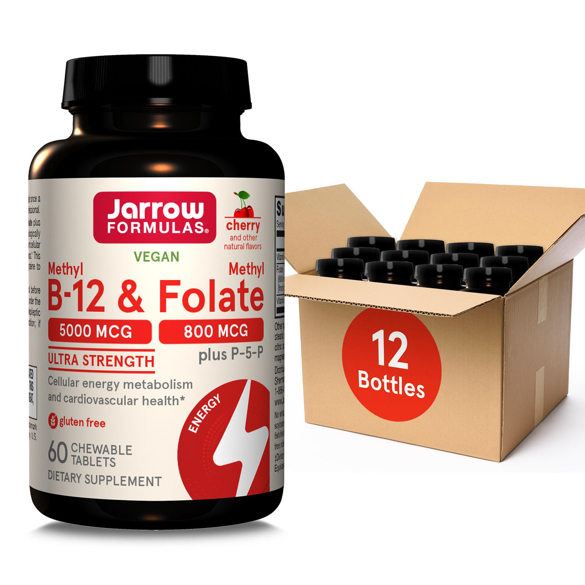 Jarrow Formulas Ultra Strength Methyl B-12 5000 mcg chewable tablet bottle for energy support