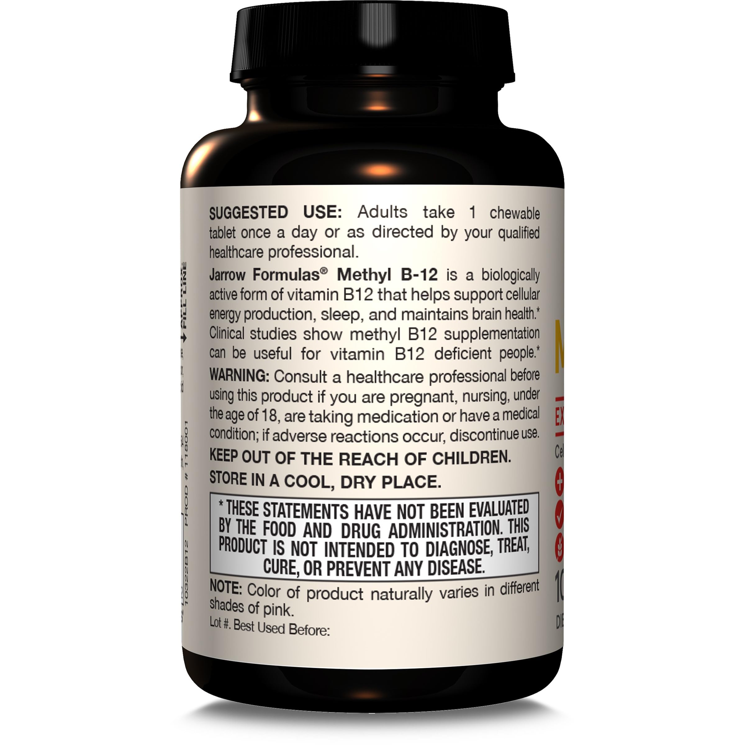 Jarrow Formulas vegan B12 bottle label shown for dietary restrictions.