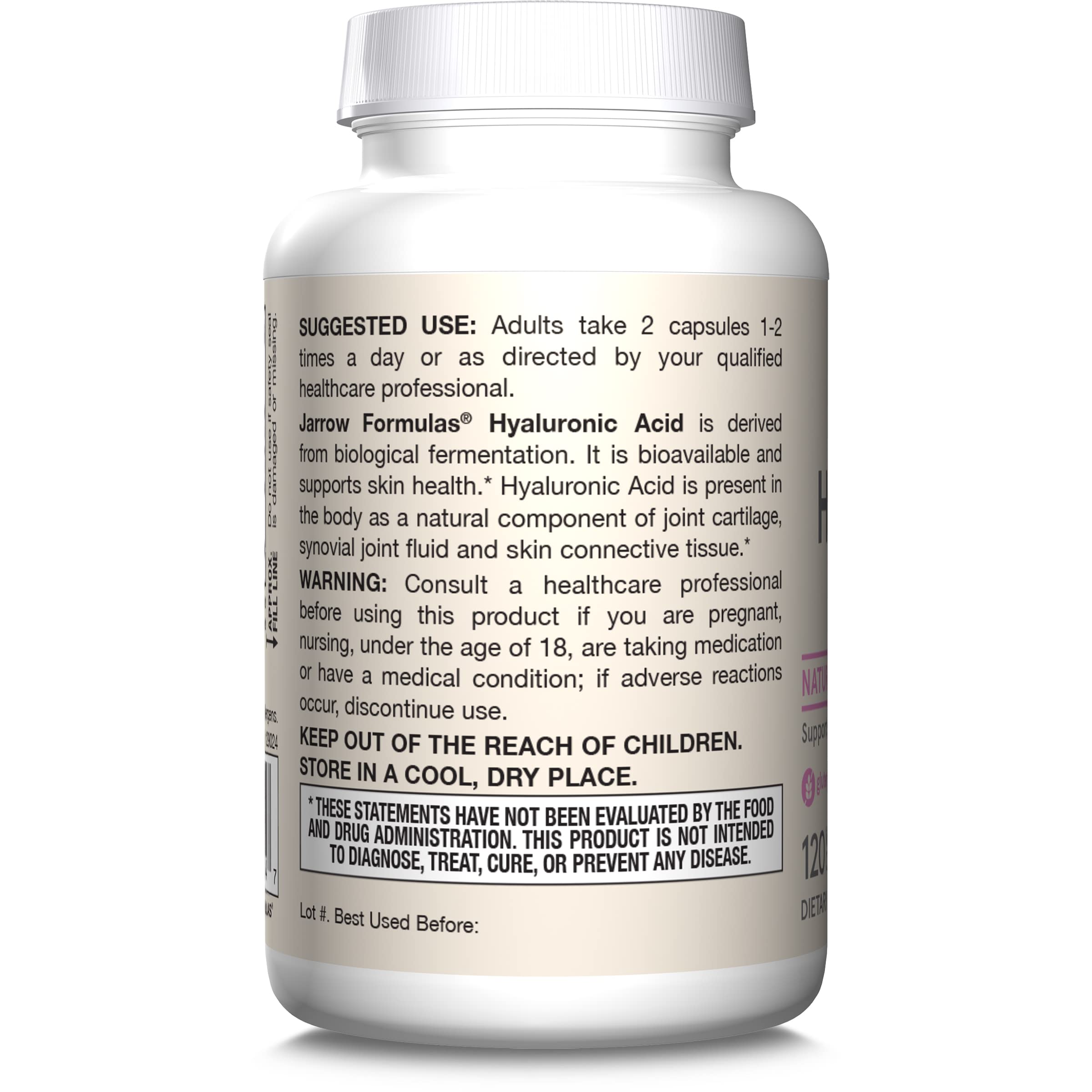 Jarrow Formulas Hyaluronic Acid capsules alongside glass of water for hydration routine.