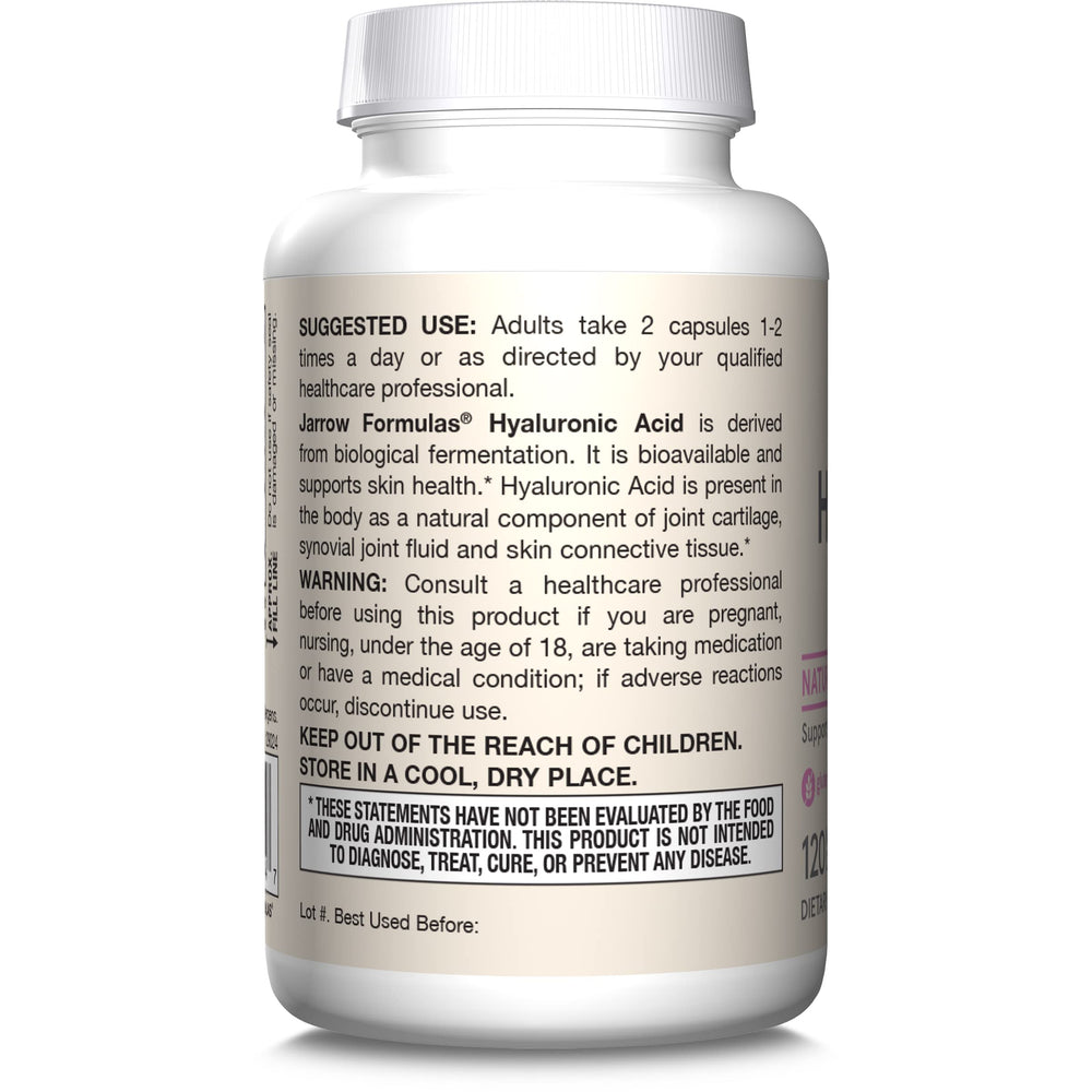 Jarrow Formulas Hyaluronic Acid capsules alongside glass of water for hydration routine.