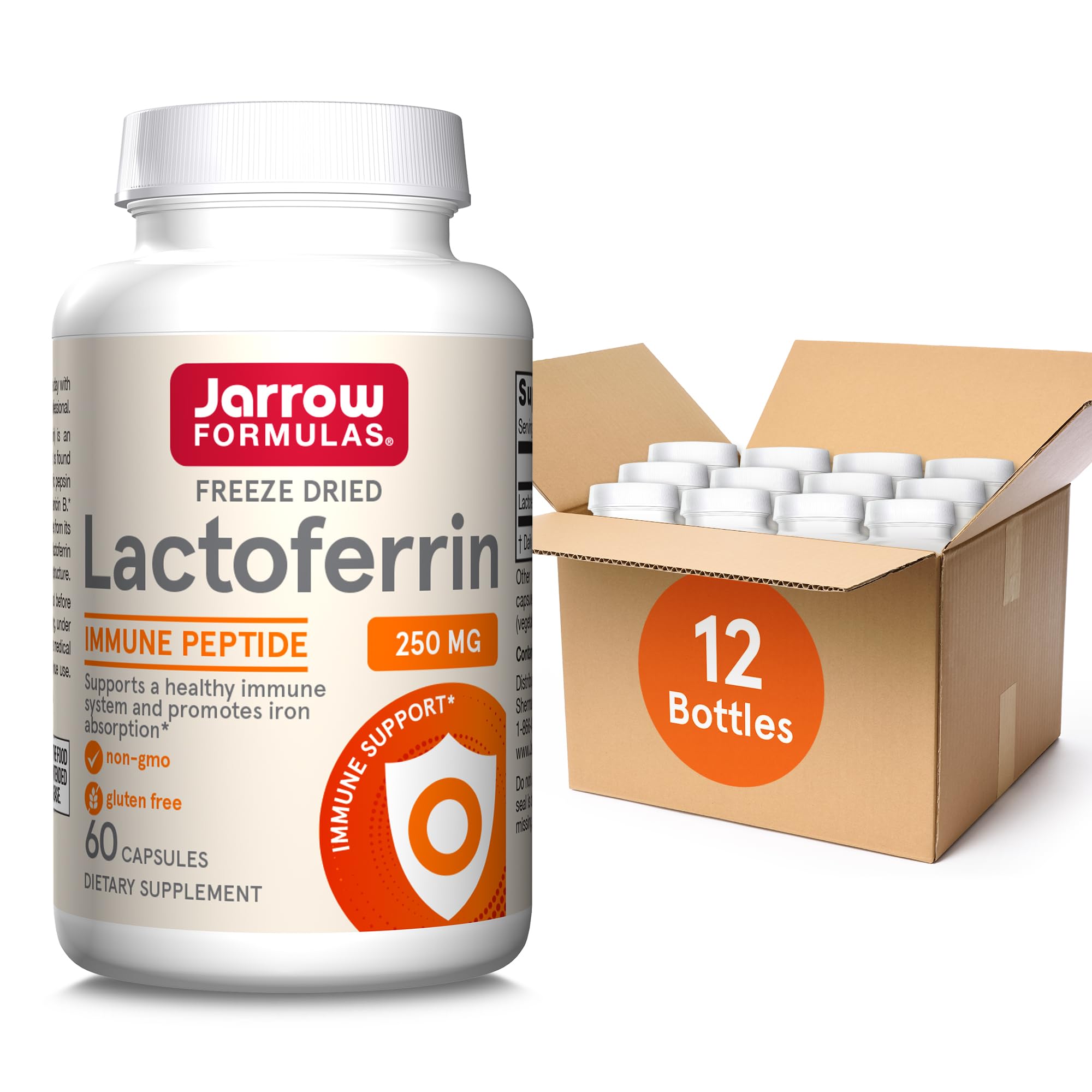 Jarrow Formulas Lactoferrin bottle with 250 mg capsules for immune support.