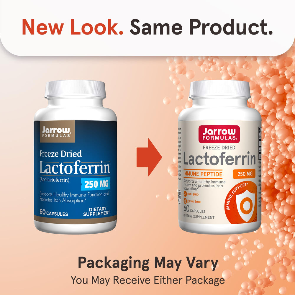 Close-up of Jarrow Formulas Lactoferrin capsules highlighting immune support.