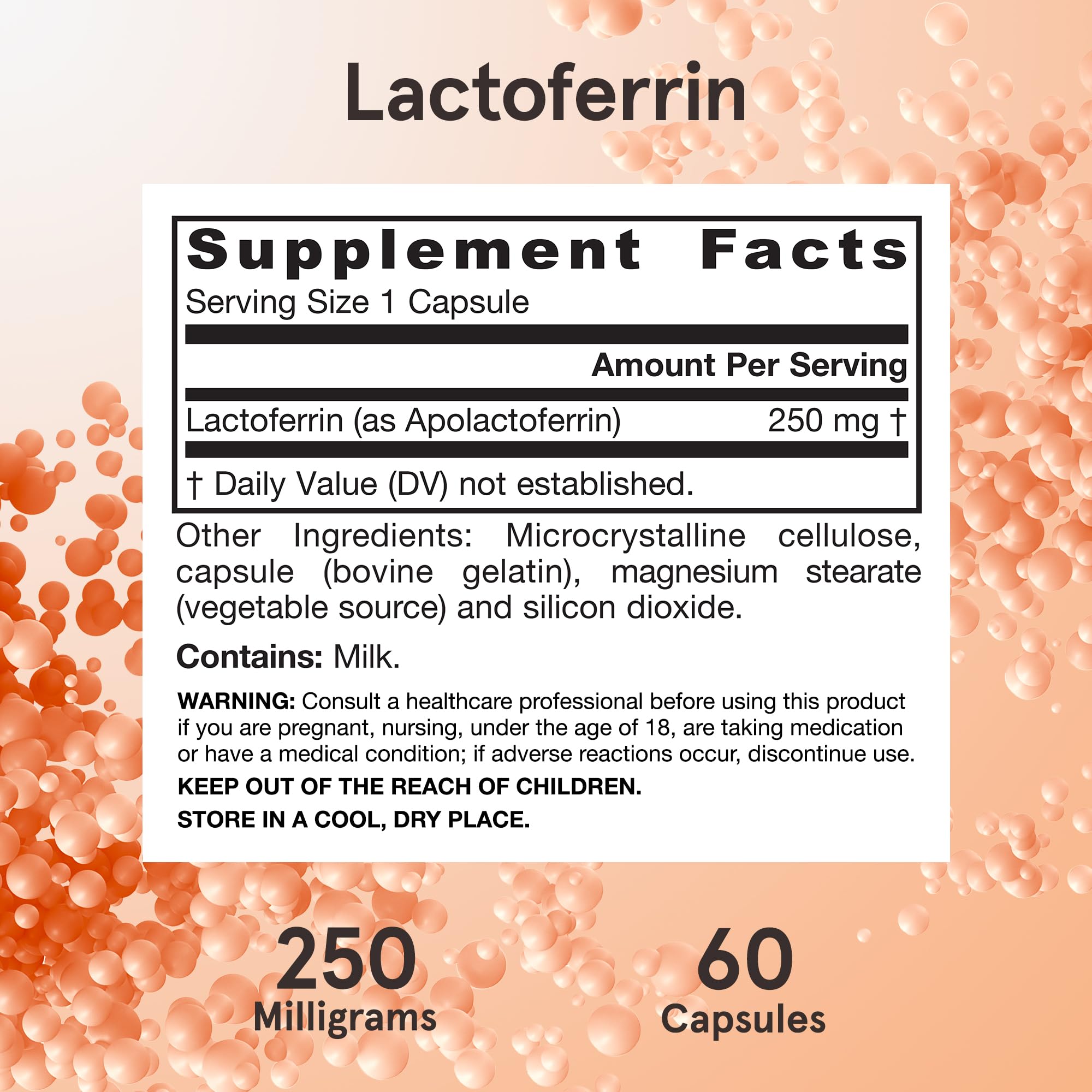 Gluten-free and Non-GMO label on Jarrow Formulas Lactoferrin bottle.