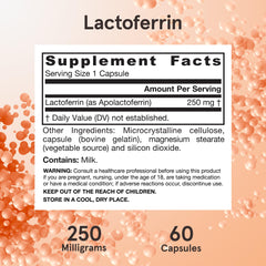 Gluten-free and Non-GMO label on Jarrow Formulas Lactoferrin bottle.