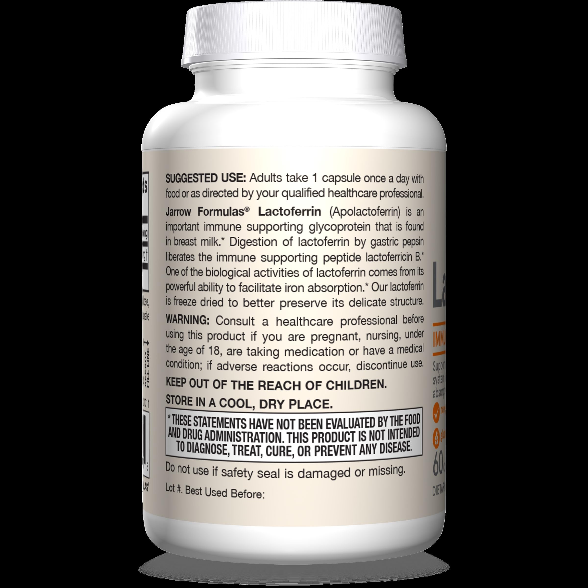 Bottle seal and label of Jarrow Formulas Lactoferrin highlighting quality.