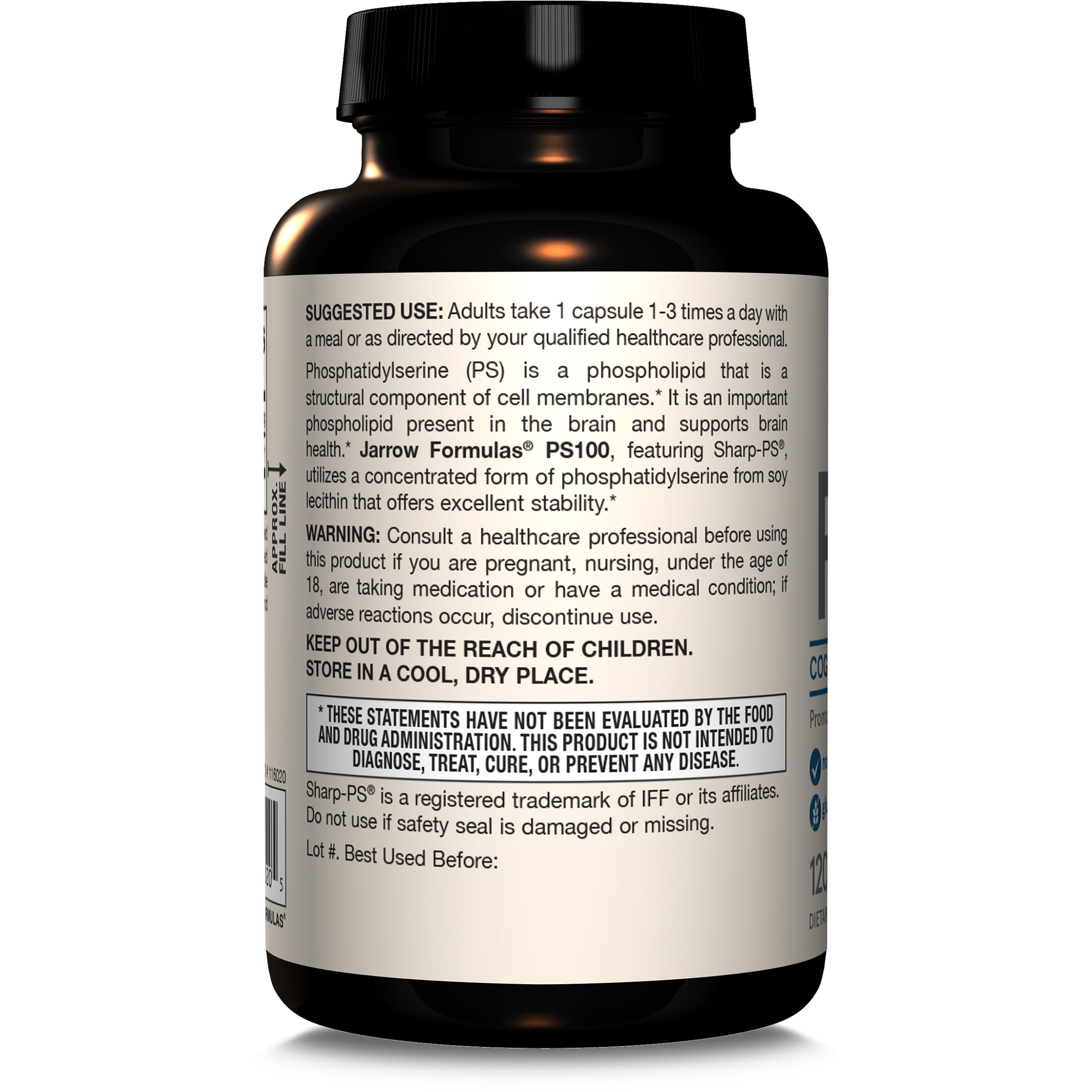 Close-up of 100 mg per capsule text on PS100 label.