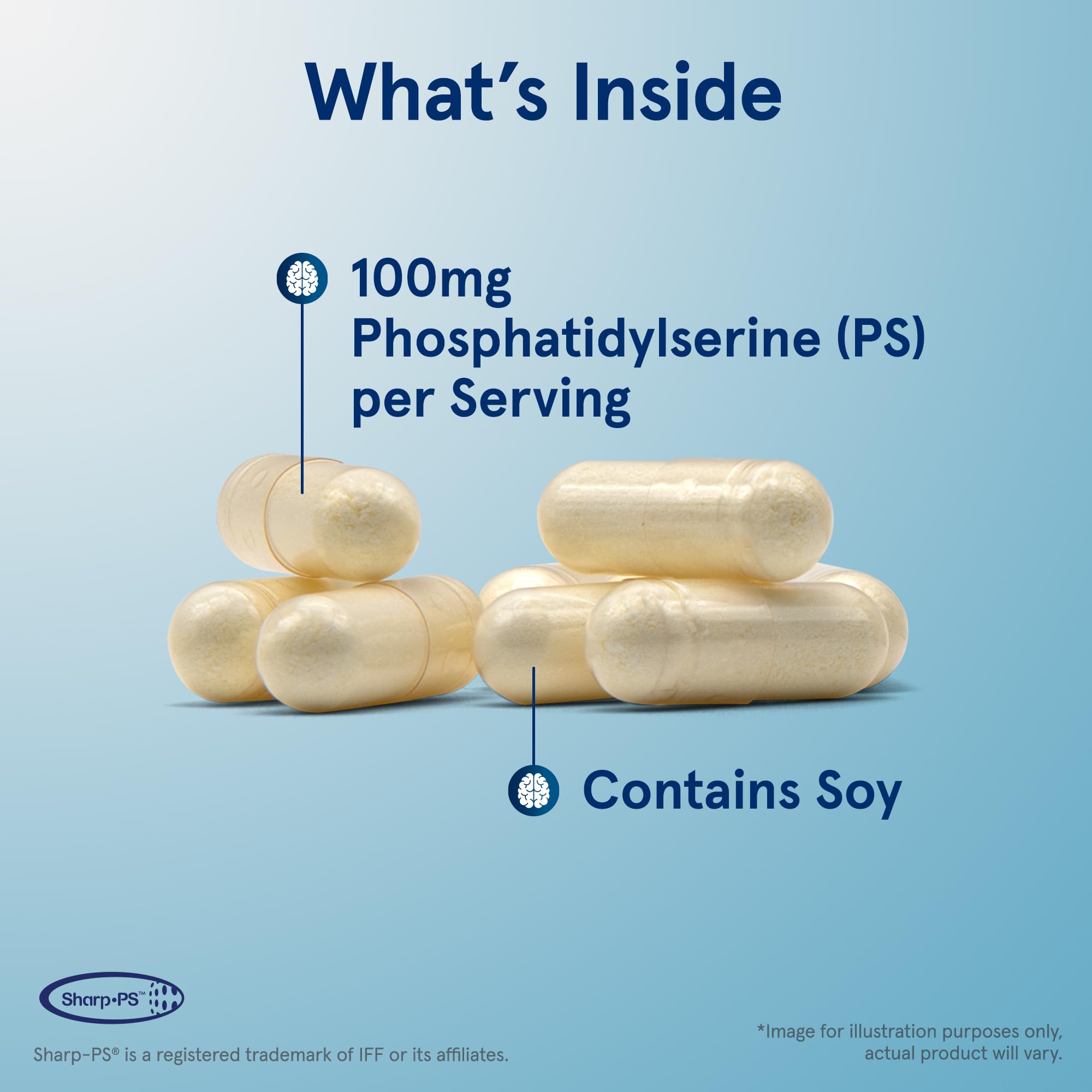 PS100 bottle label highlighting sunflower lecithin as the phosphatidylserine source.