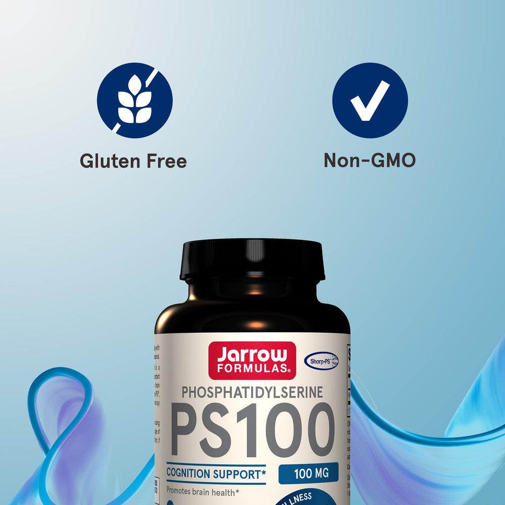 Jarrow Formulas PS100 bottle detail shows sunflower lecithin source for stable delivery.