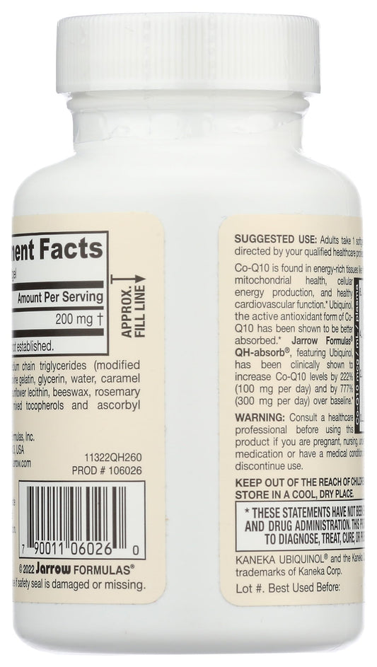 Jarrow QH-absorb softgels label closeup emphasizes Active Antioxidant Co-Q10