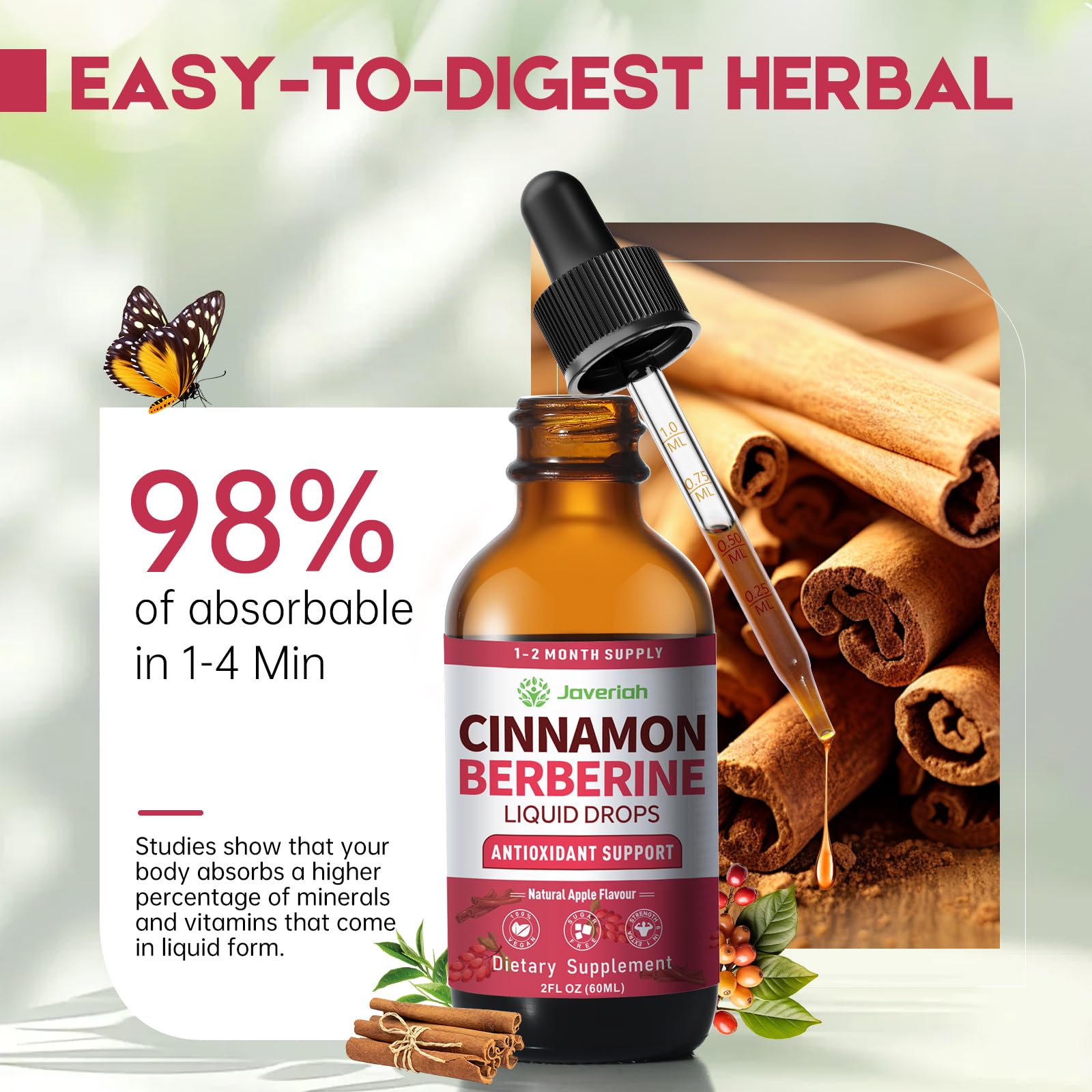 Javeriah Berberine Drops ingredient icons include green tea and apple cider vinegar