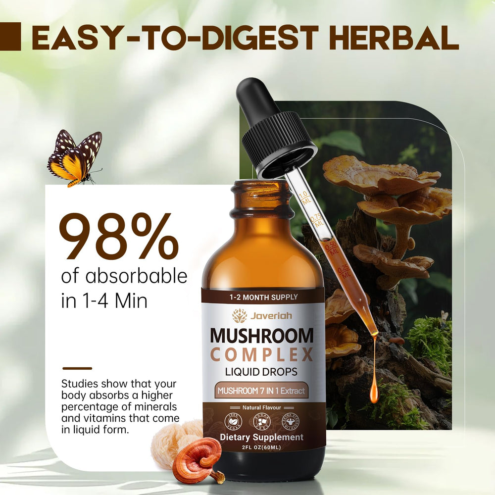 Javeriah Mushroom Complex ingredients chart highlights seven mushrooms