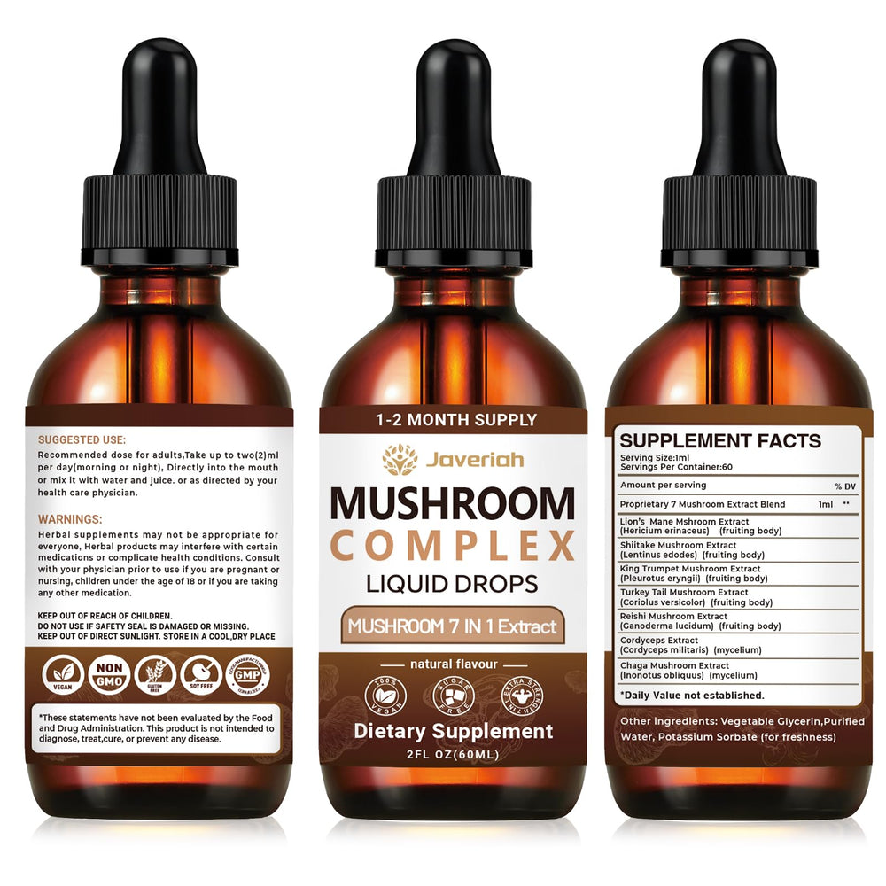 Javeriah Mushroom Complex packaging box and bottle on surface