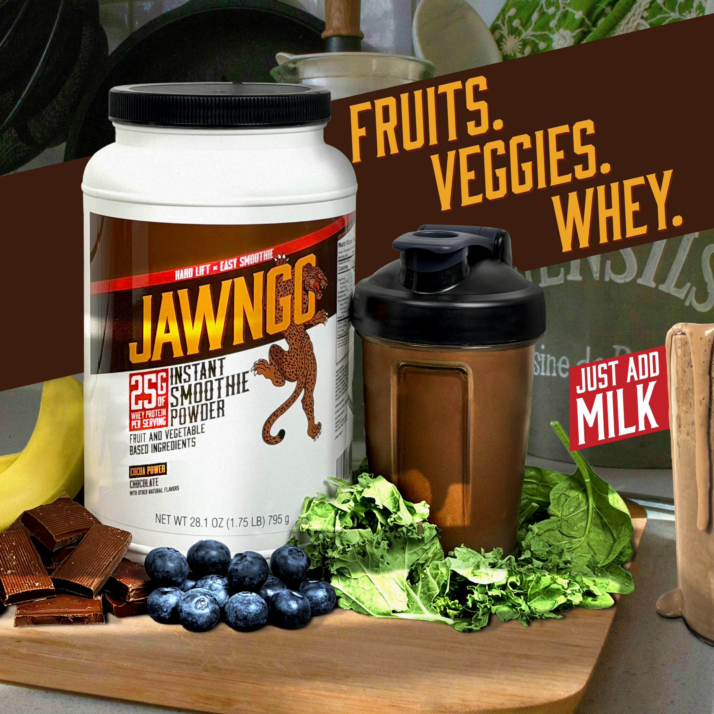 Jawngo Chocolate Protein Smoothie – blueberry and banana for a flavorful, naturally sweet boost.