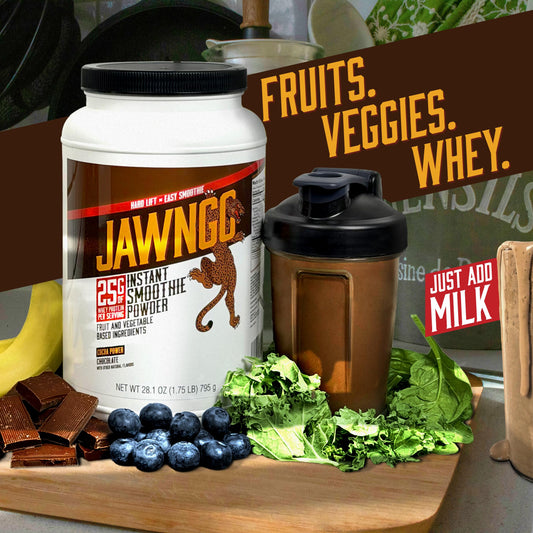 Jawngo Chocolate Protein Smoothie – blueberry and banana for a flavorful, naturally sweet boost.