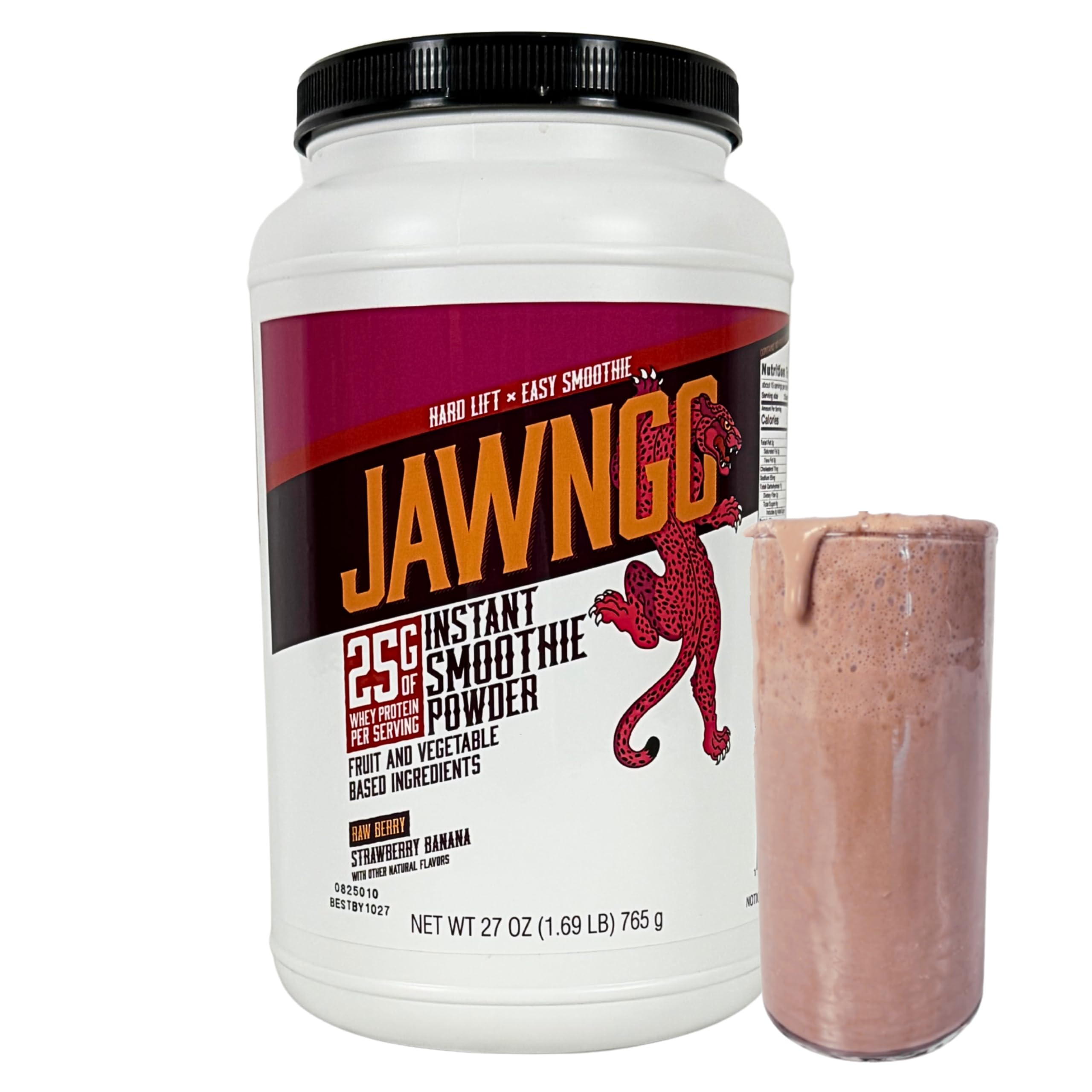 Jawngo strawberry protein smoothie powder jar with real fruits for a protein rich shake.